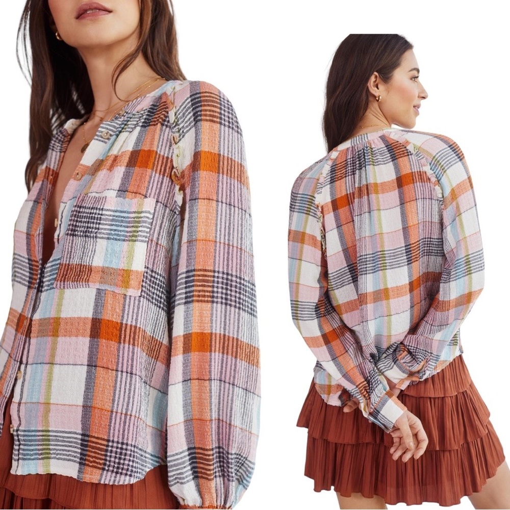 Anthropologie Multicolor Plaid Button-Down Shirt in Pink, Orange, Blue